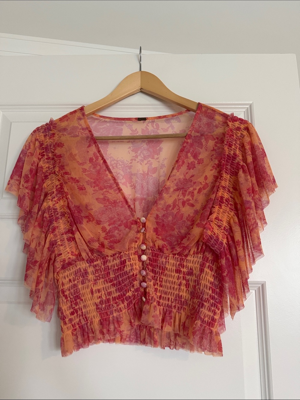 Free People- Floral V-Neck Ruffle Crop Top in Pink-Orange